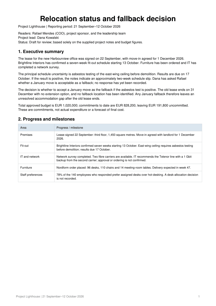 First page of the exported report